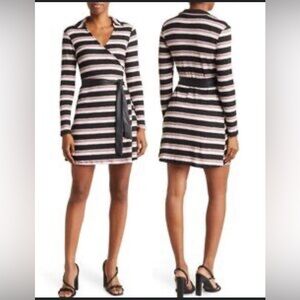 NWT Nordstrom Luna Chix Ribbed Striped Long Sleeve Collared Wrap Dress